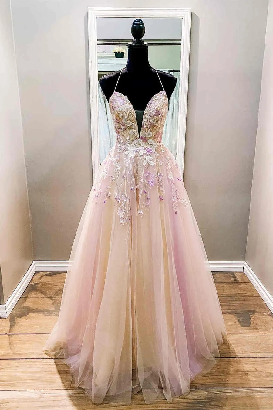 A-Line Straps Pink Long Formal Dress