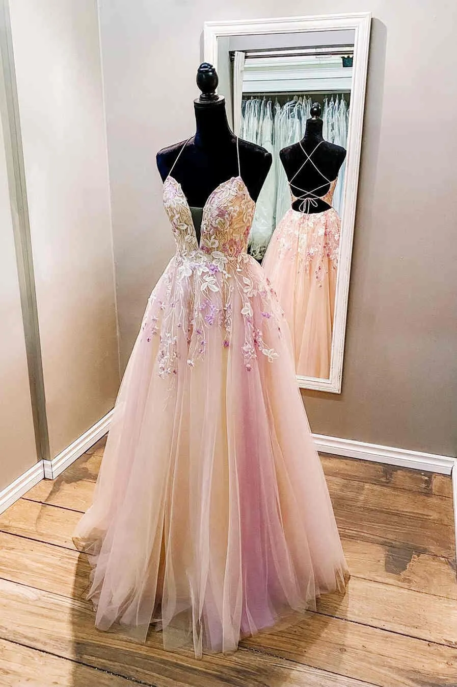 A-Line Straps Pink Long Formal Dress