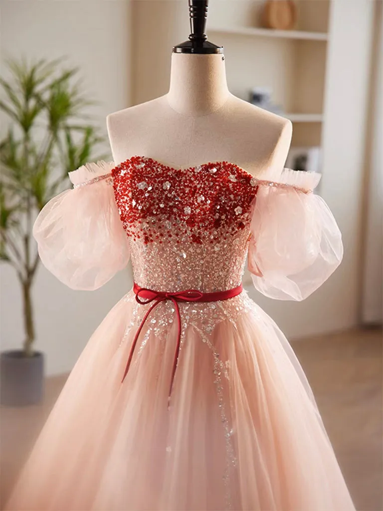 A-Line Sweetheart Neck Sequin Tulle Pink Long Prom Dress, Pink Formal Dress