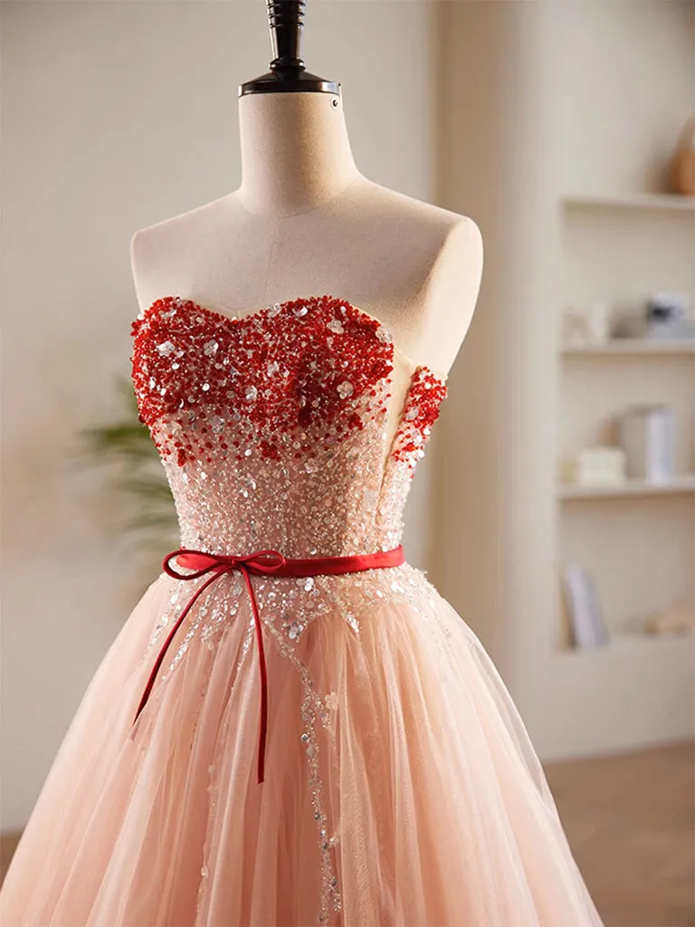 A-Line Sweetheart Neck Sequin Tulle Pink Long Prom Dress, Pink Formal Dress