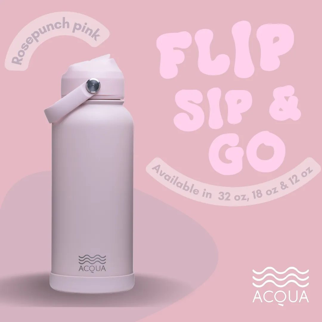 Acqua Flip Sip & Go! Double Wall Insulated Stainless Steel Water Bottle: Rose Punch Pink