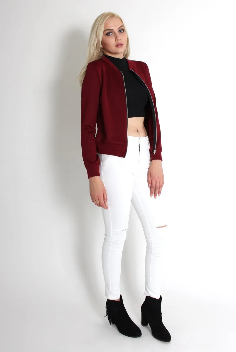 Alexus Wine Zip Front Bomber Jacket