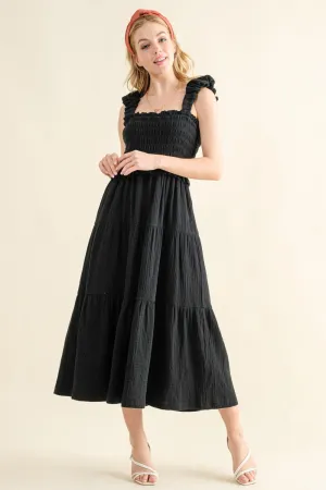 And The Why Smocked Ruffled Tiered Dress in Black