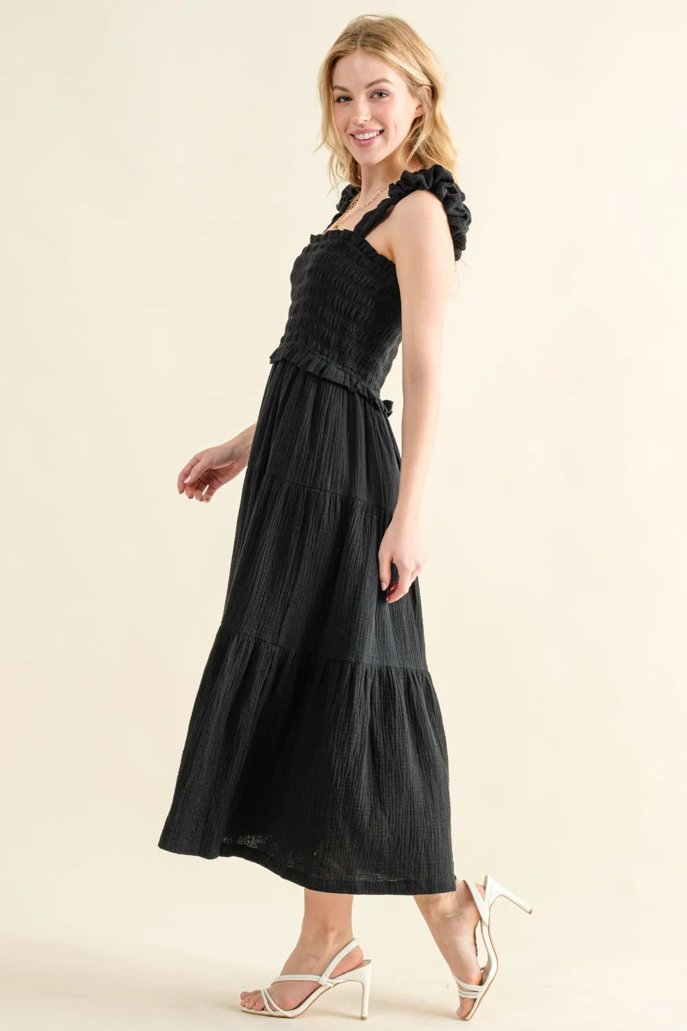 And The Why Smocked Ruffled Tiered Dress in Black