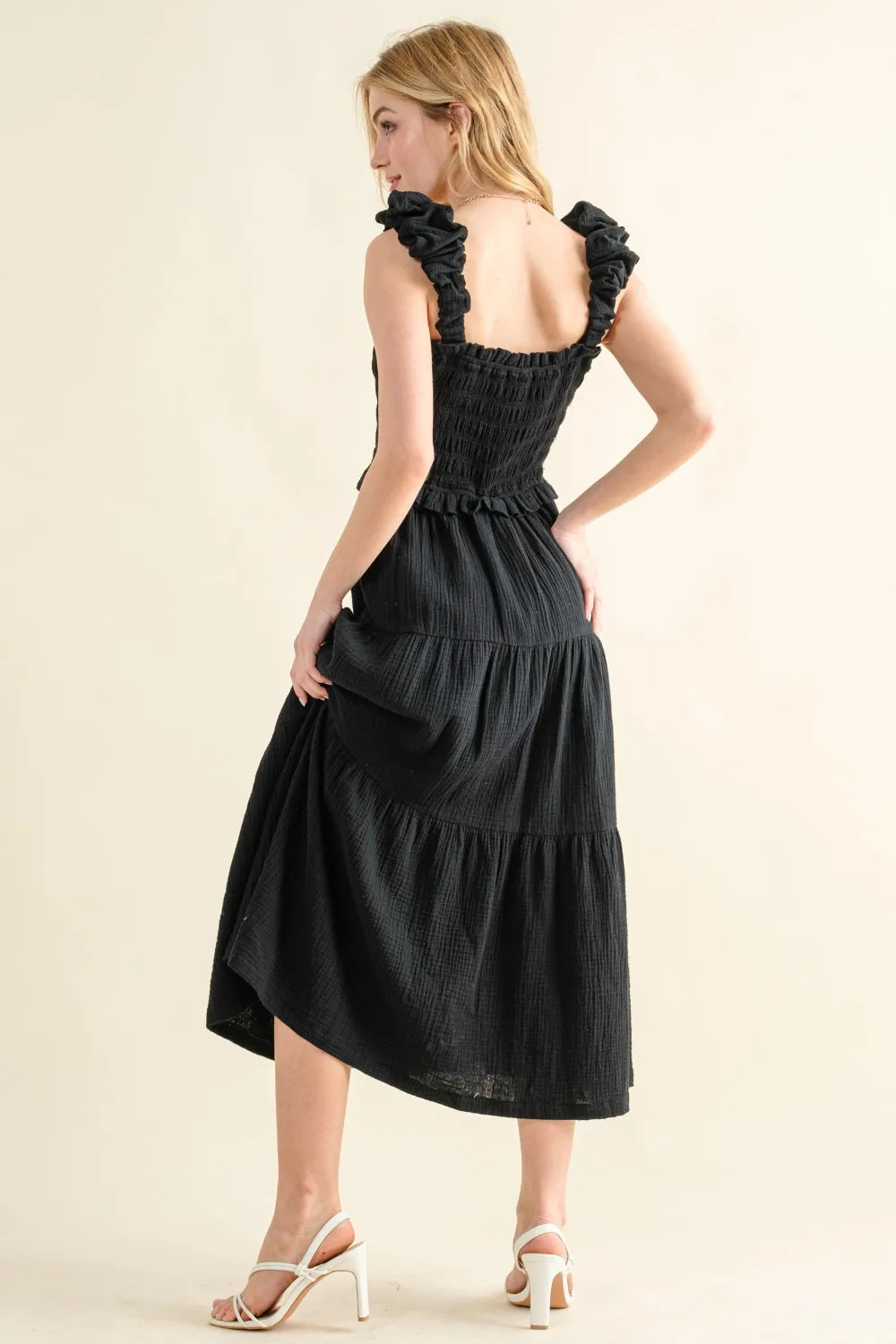 And The Why Smocked Ruffled Tiered Dress in Black