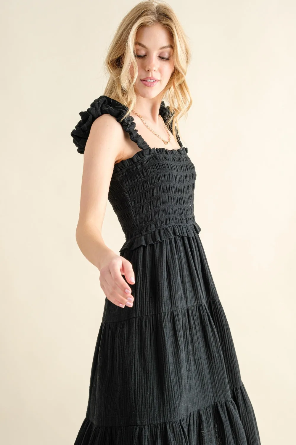 And The Why Smocked Ruffled Tiered Dress in Black