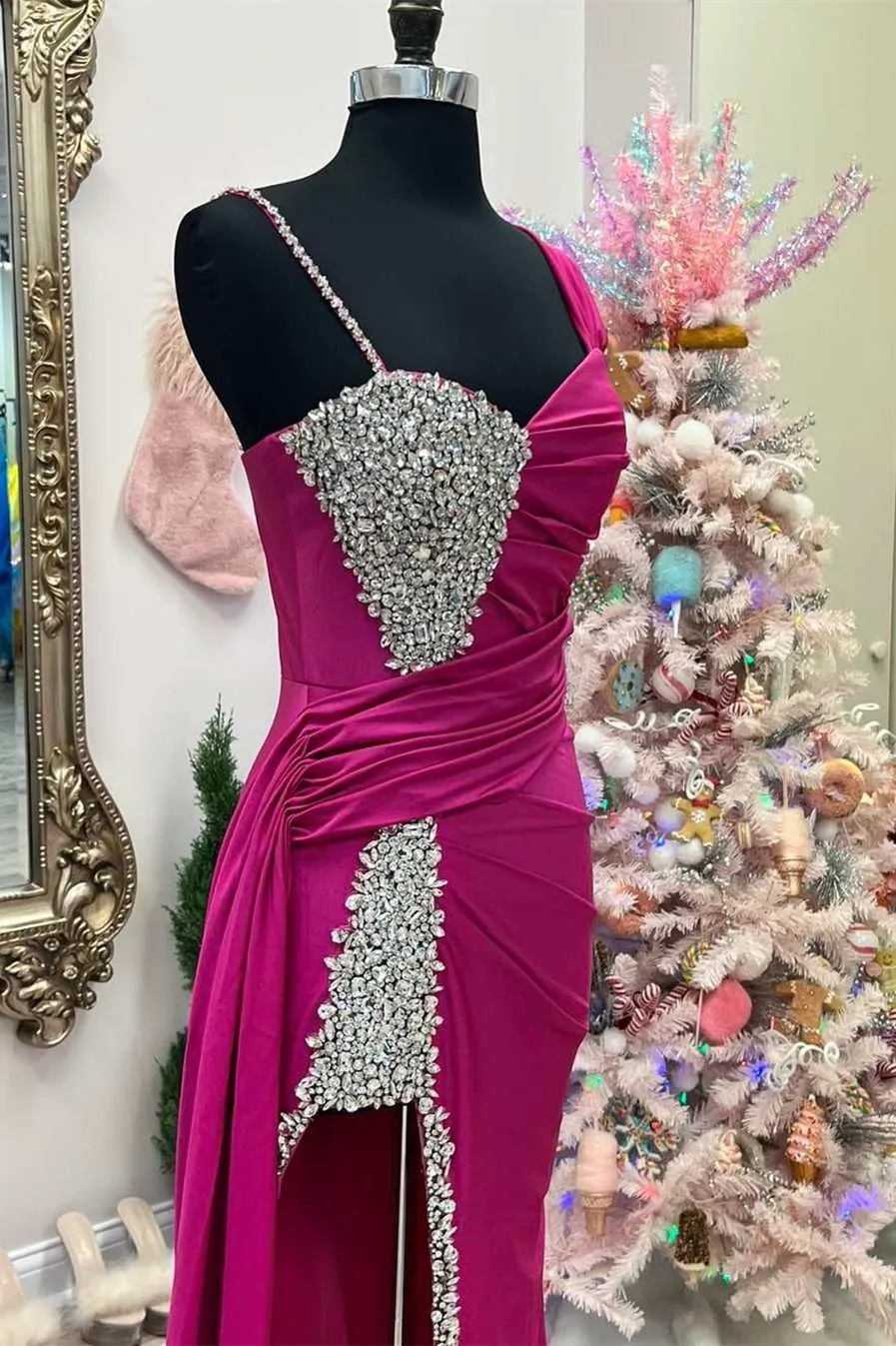 Asymmetrical Magenta Beaded Long Formal Dress with Attached Train