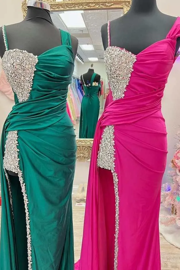 Asymmetrical Magenta Beaded Long Formal Dress with Attached Train