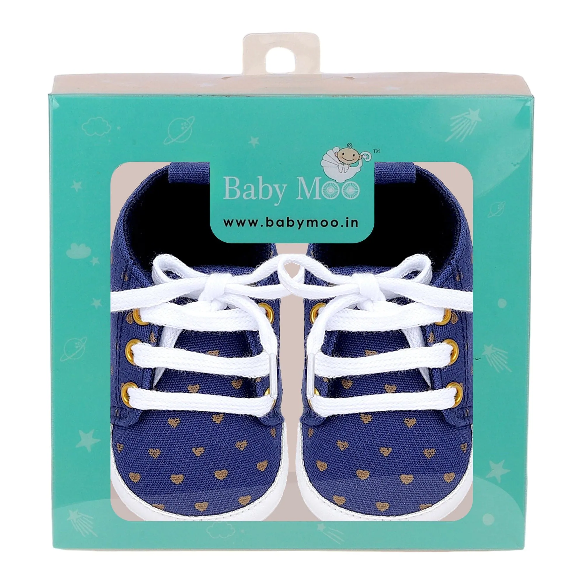 Baby Moo Heart Print Lace-Up Anti-Skid Sneakers - Navy Blue