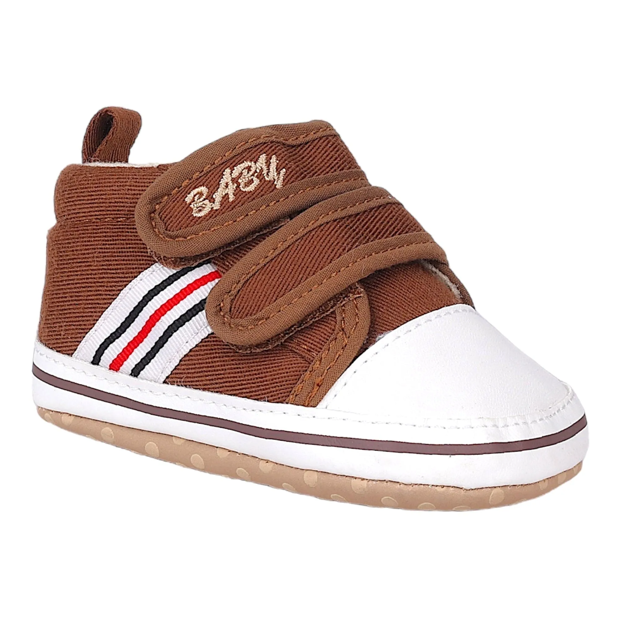 Baby Moo Stylish Velcro Strap Anti-Skid Canvas Sneakers - Brown, White