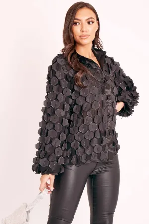 Black Geometric Applique Button Front Shirt - Bostyn