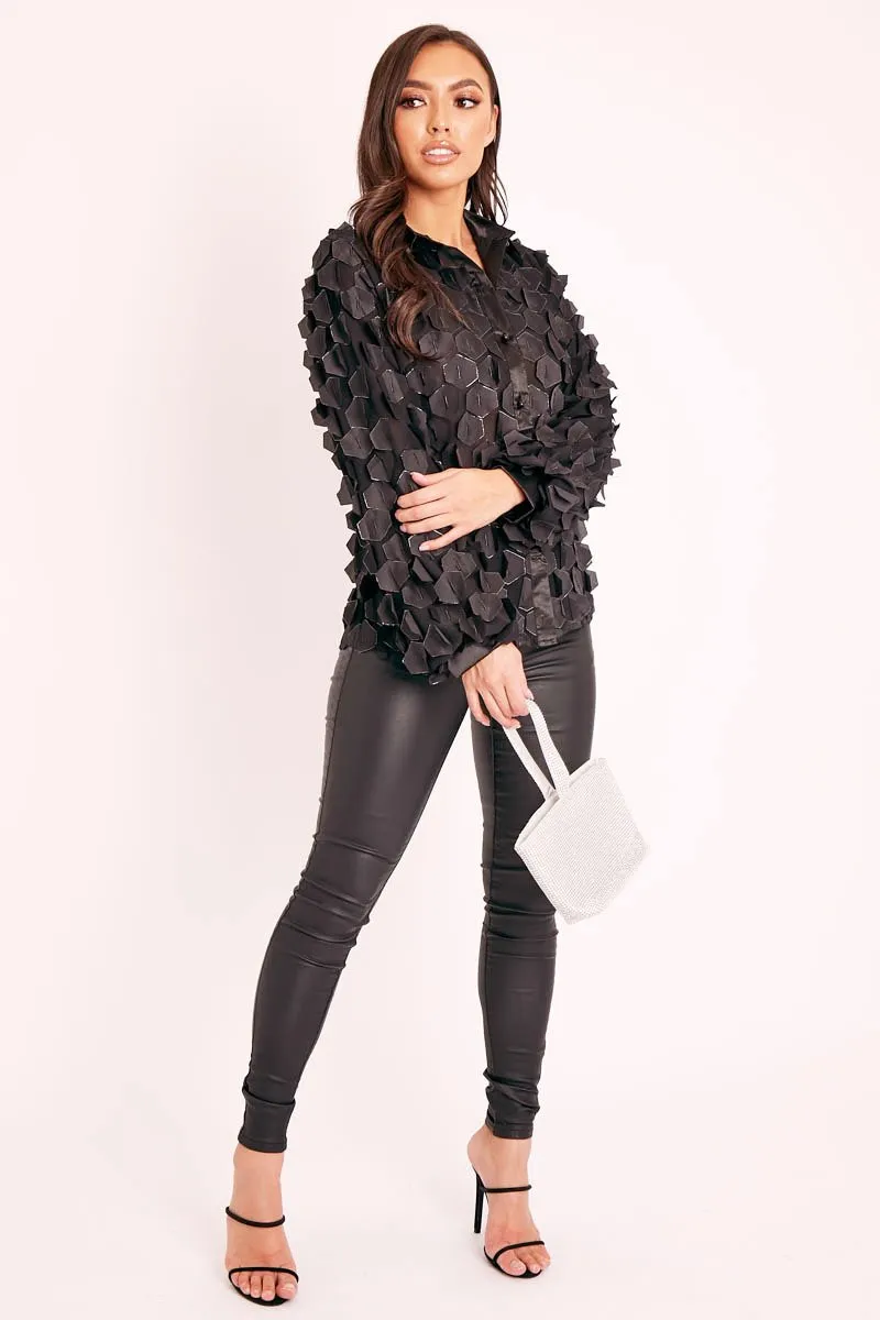 Black Geometric Applique Button Front Shirt - Bostyn