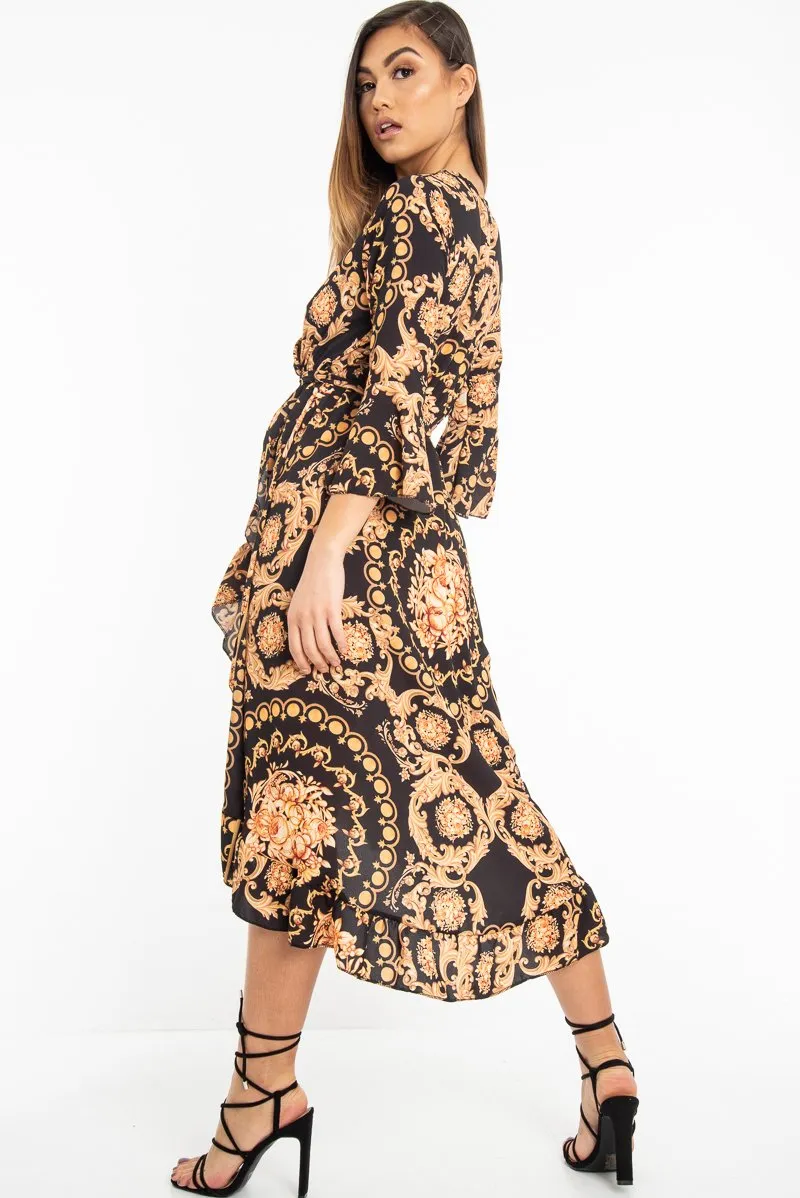 Black Scarf Print Wrap Jersey Dress - Mysha