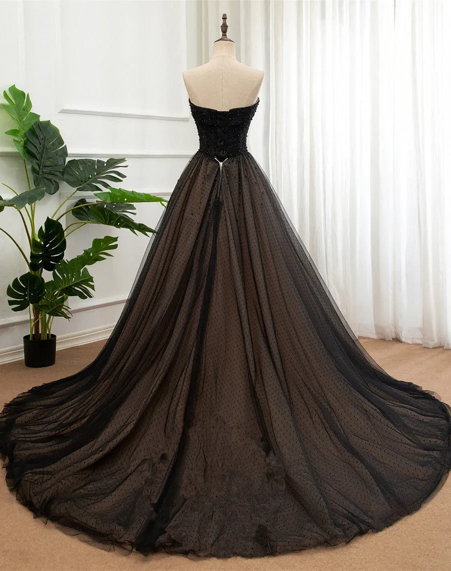 Black Tulle Sweetheart A-line Formal Dress with Lace, Black Long Prom Dress