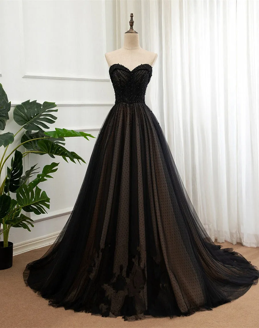 Black Tulle Sweetheart A-line Formal Dress with Lace, Black Long Prom Dress