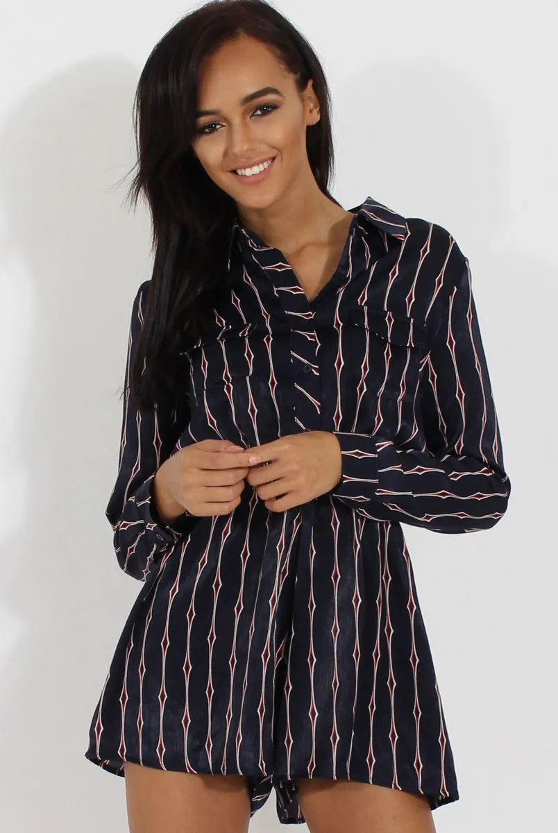 Blue Button Up Diamond Pattern Playsuit - Jessica