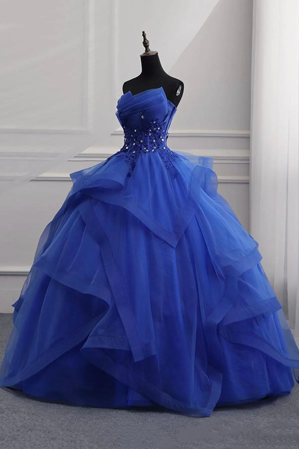 Blue Lace Strapless Ball Gown Formal Dress, Blue Long Sweet 16 Dress