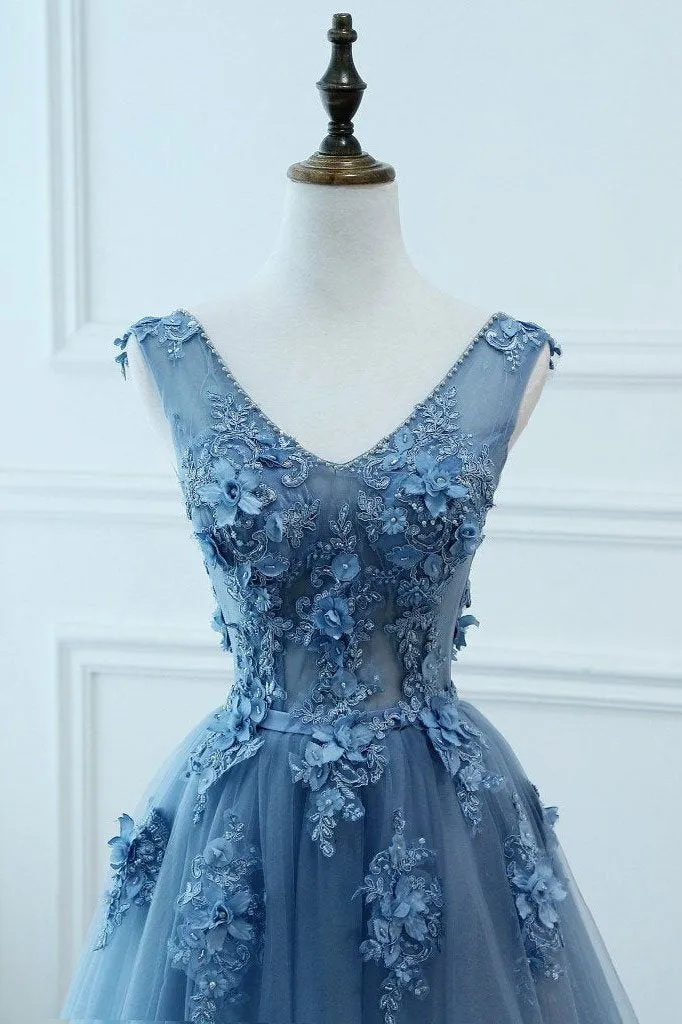 Blue Tulle V-neckline Long Party Dress , Tulle Formal Dress