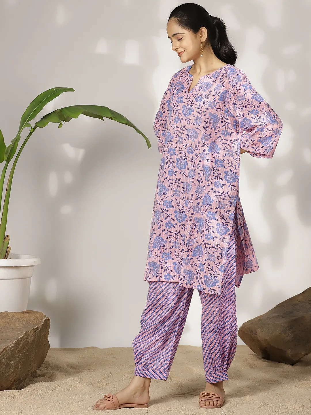 BlueFloral Cotton LongKurta & Striped AfghaniSalwar