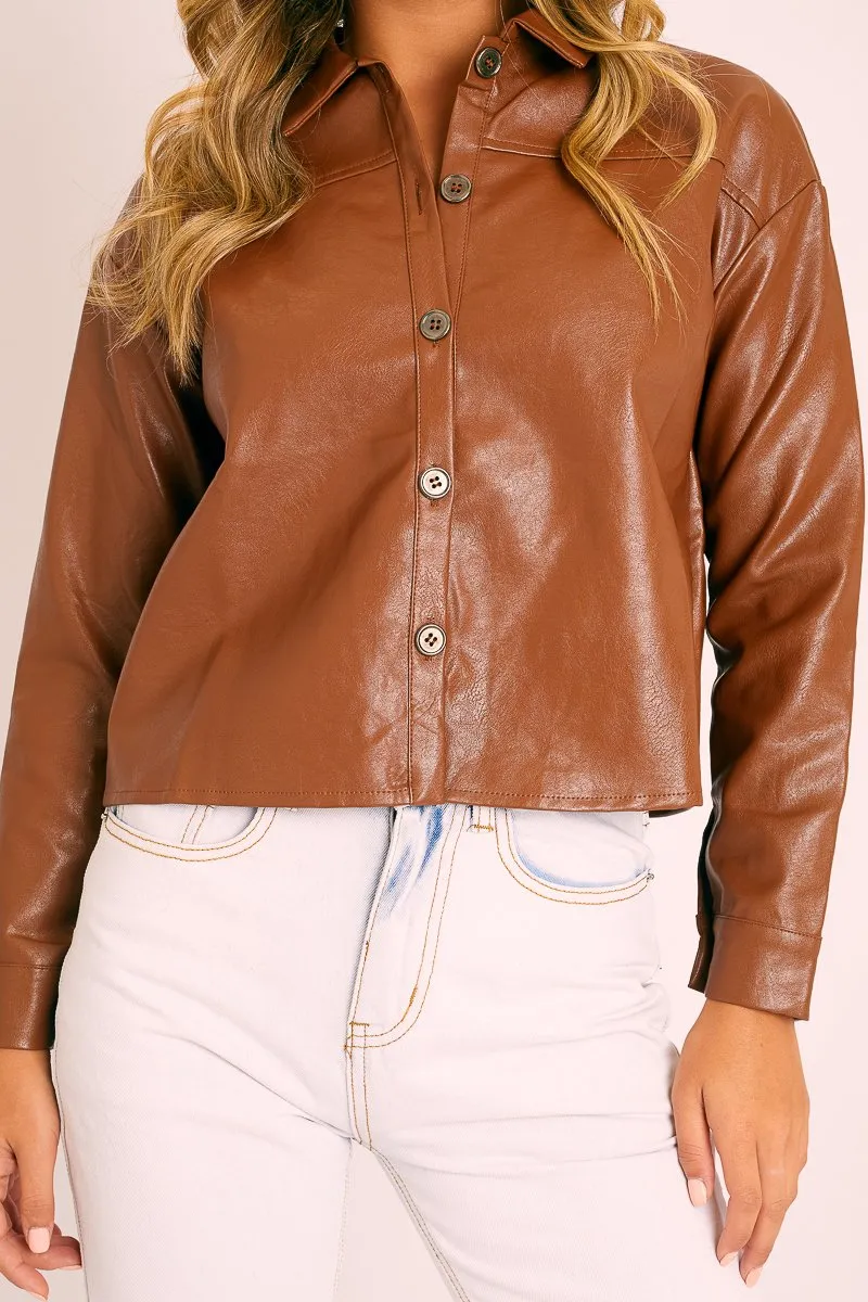 Brown Faux Leather Button Up Shirt - Bellarae