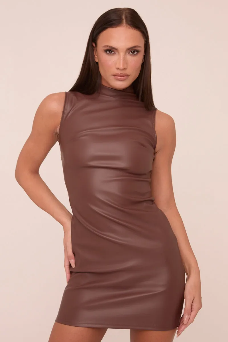 Brown Faux Leather High Neck Sleeveless Mini Dress - Hazel