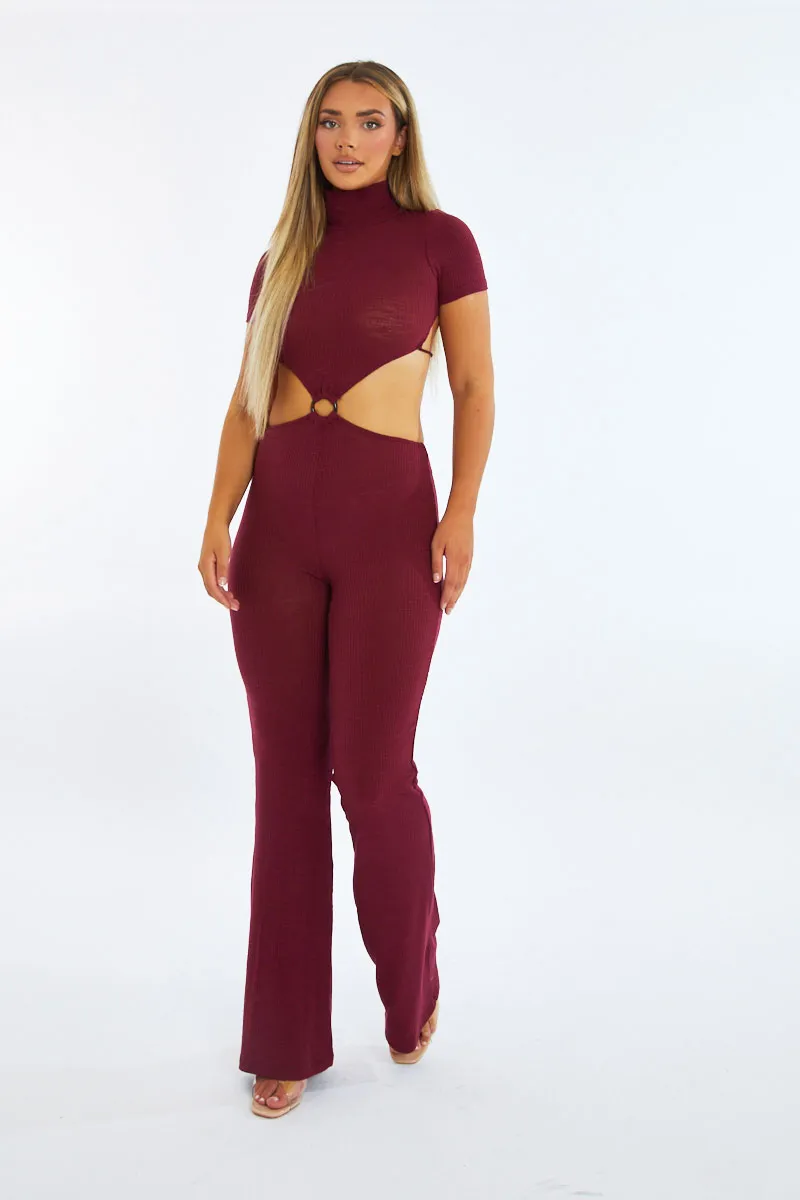 Burgundy Rib Knit Cut Out Ring Detail Jumpsuit - Ayla