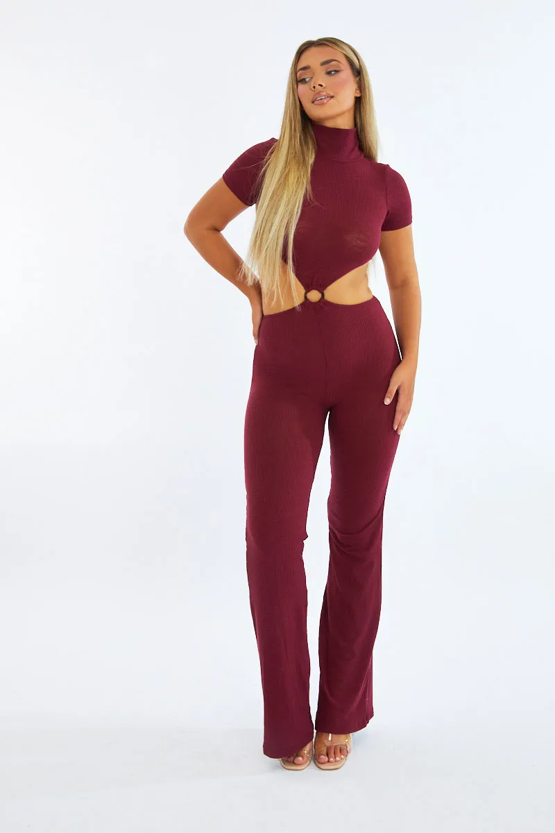 Burgundy Rib Knit Cut Out Ring Detail Jumpsuit - Ayla