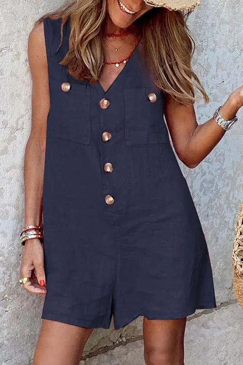 Button V Neck Pockets Romper