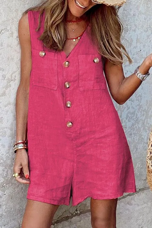 Button V Neck Pockets Romper