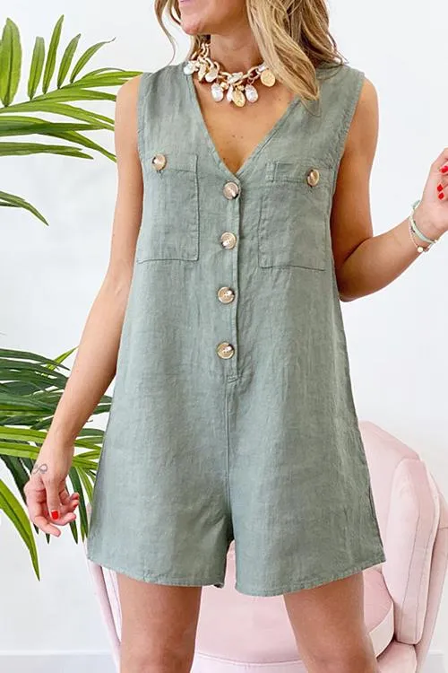 Button V Neck Pockets Romper