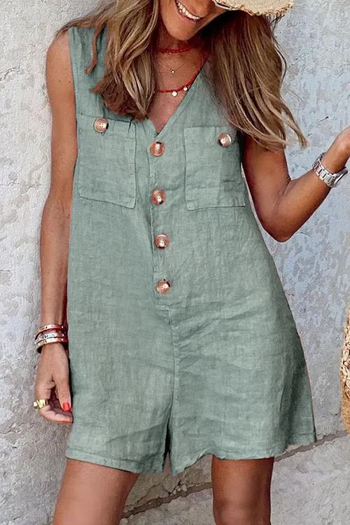 Button V Neck Pockets Romper