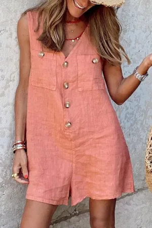 Button V Neck Pockets Romper