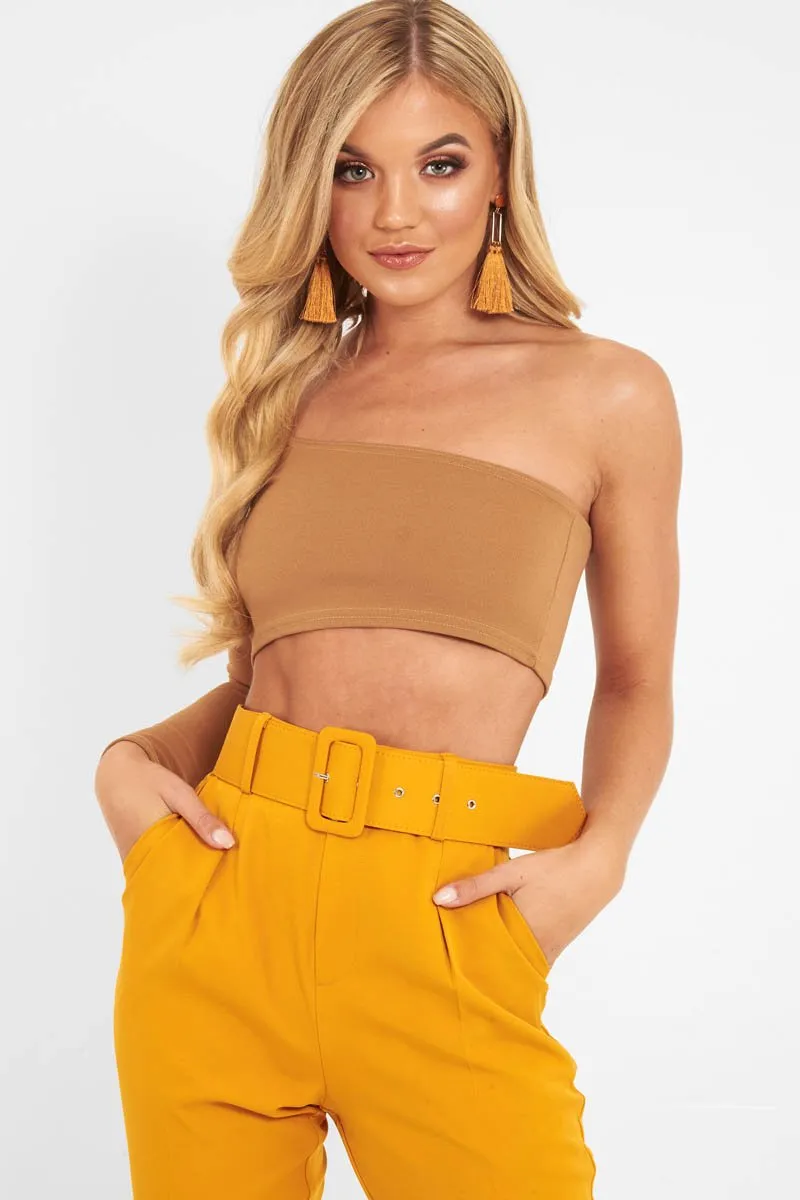 Camel One Shoulder Long Sleeve Crop Top - Jazmyn