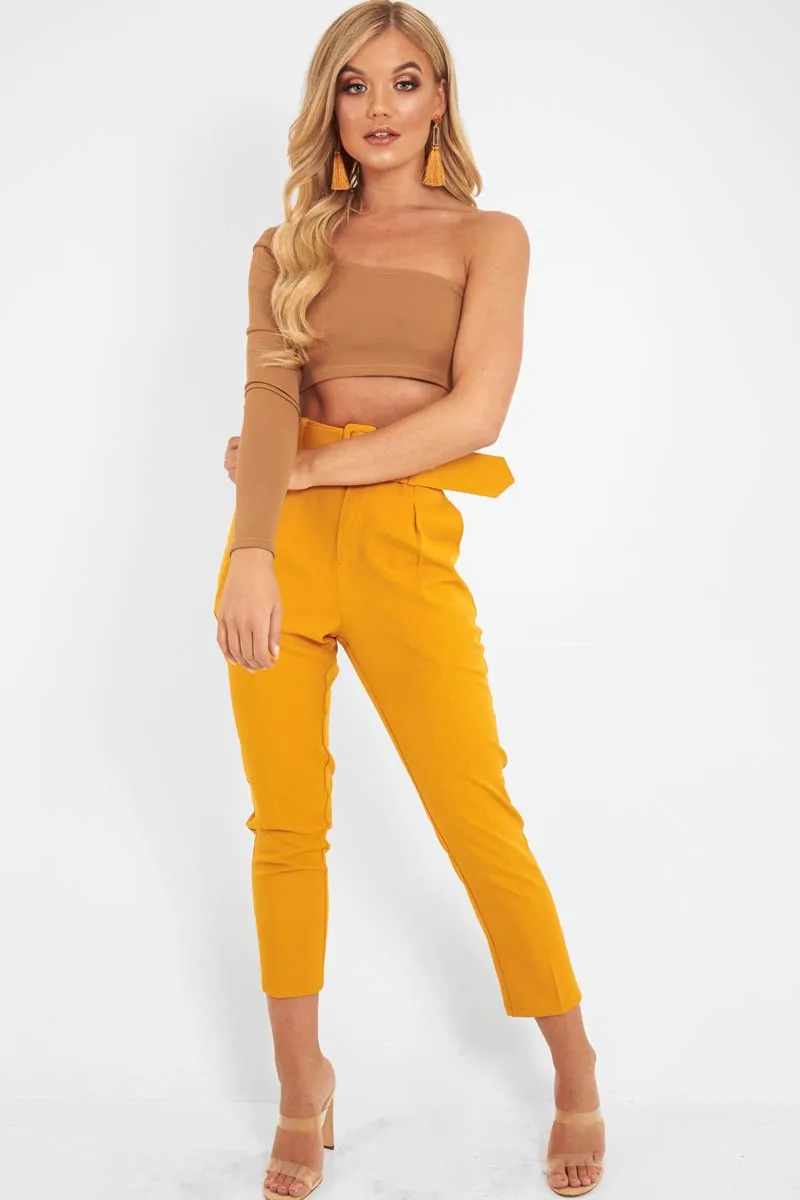 Camel One Shoulder Long Sleeve Crop Top - Jazmyn