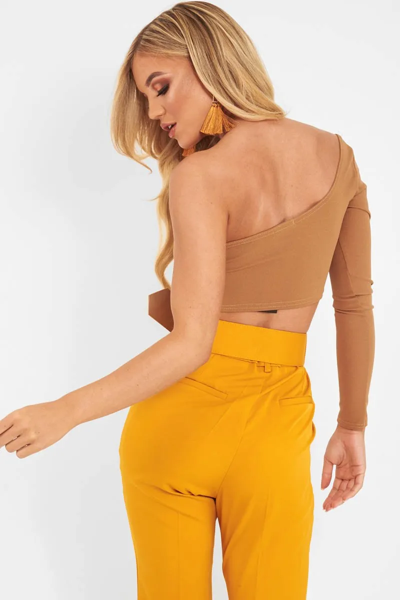 Camel One Shoulder Long Sleeve Crop Top - Jazmyn