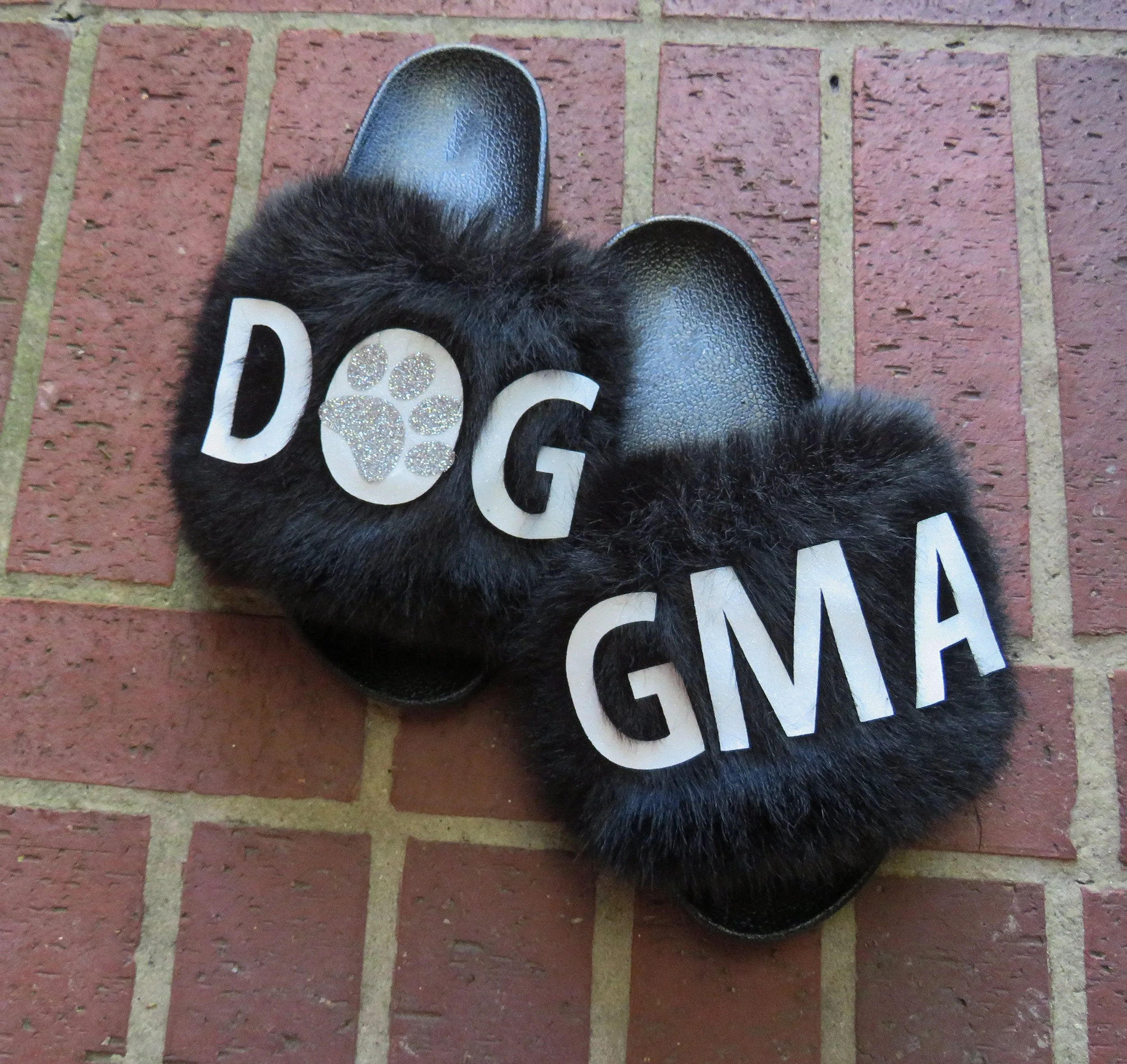 Dog mom slippers /Flexible slip on open toe style/DOG GMA fur furry slide