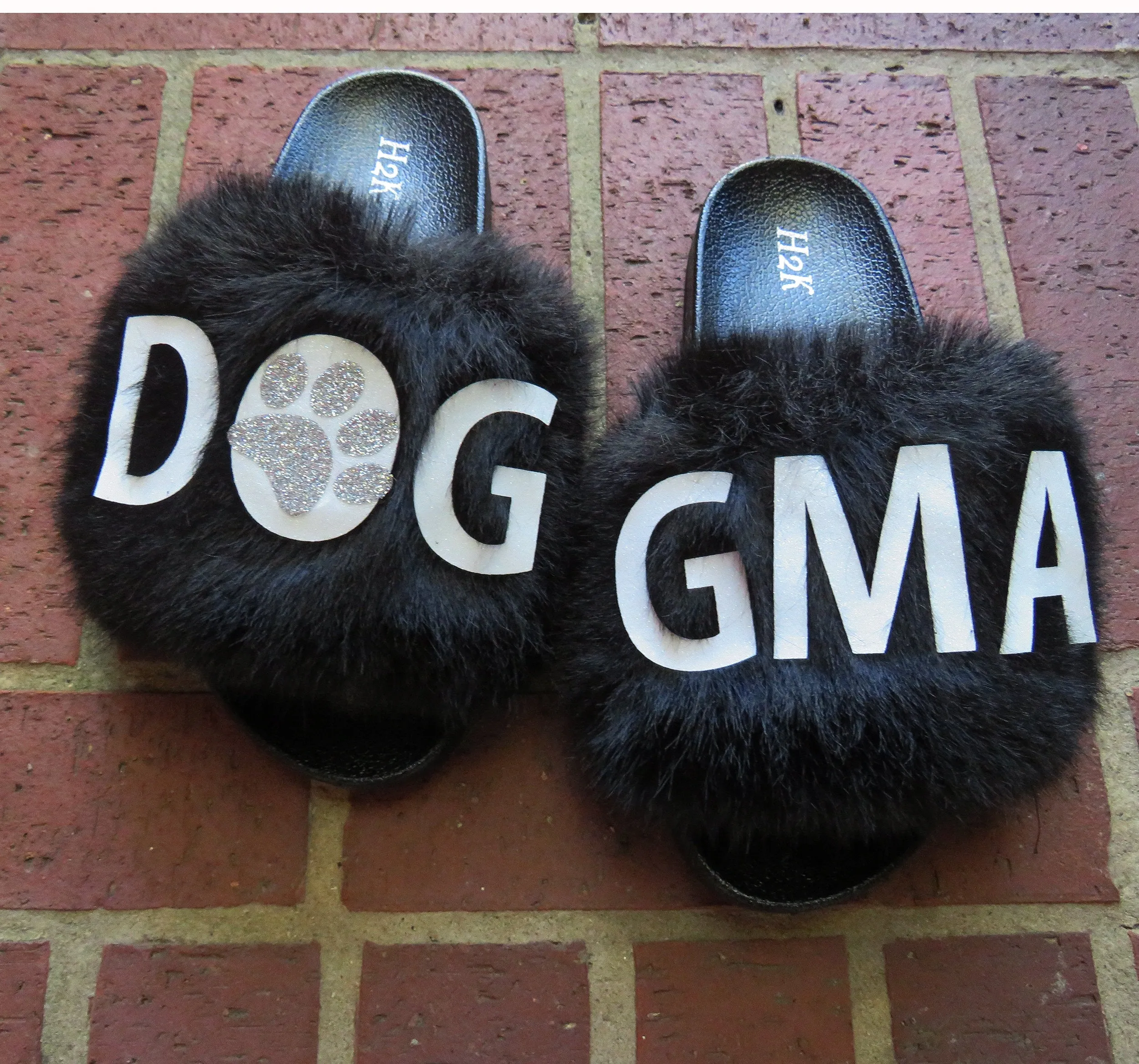 Dog mom slippers /Flexible slip on open toe style/DOG GMA fur furry slide