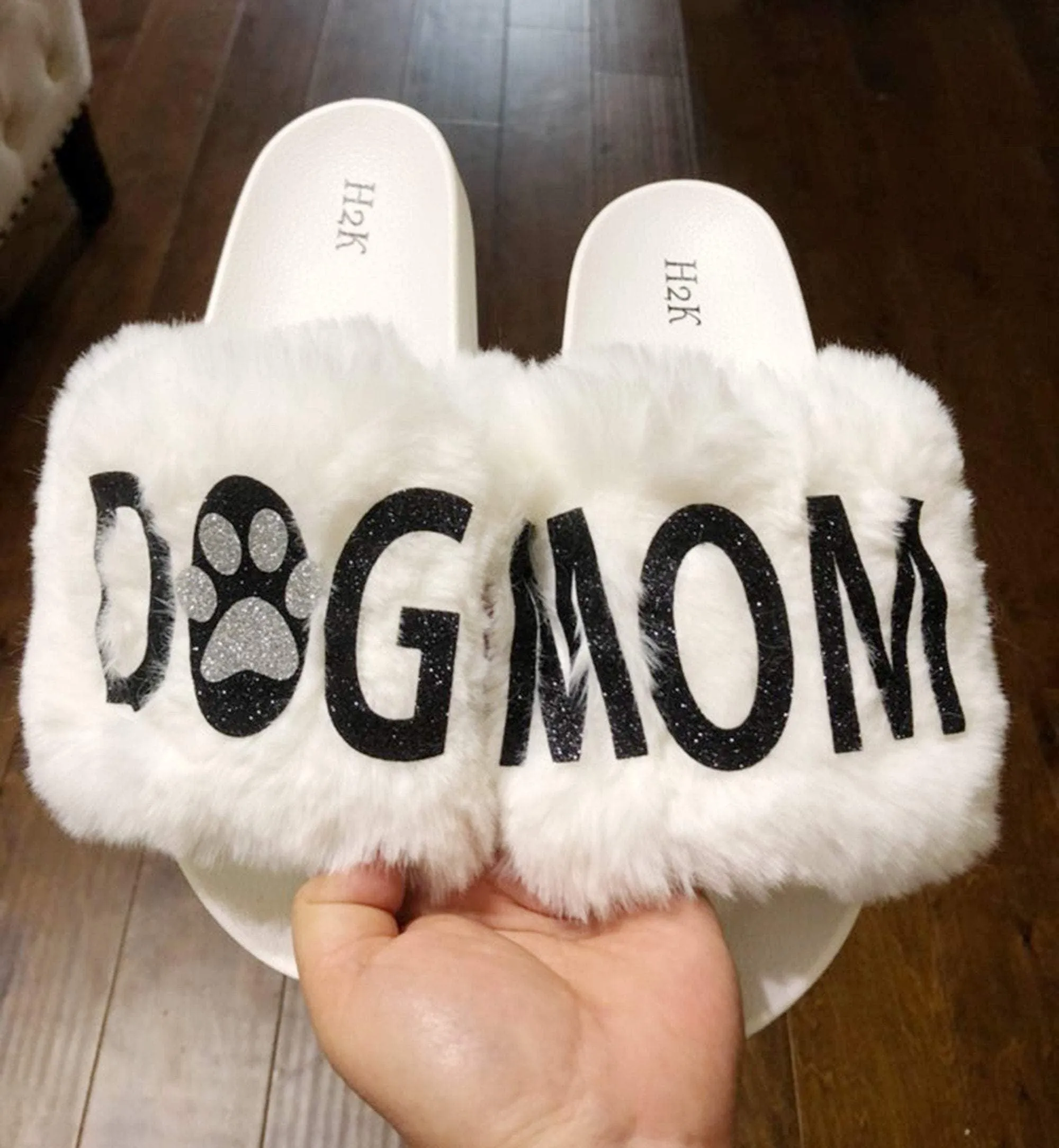 Dog mom slippers /Flexible slip on open toe style/DOG GMA fur furry slide