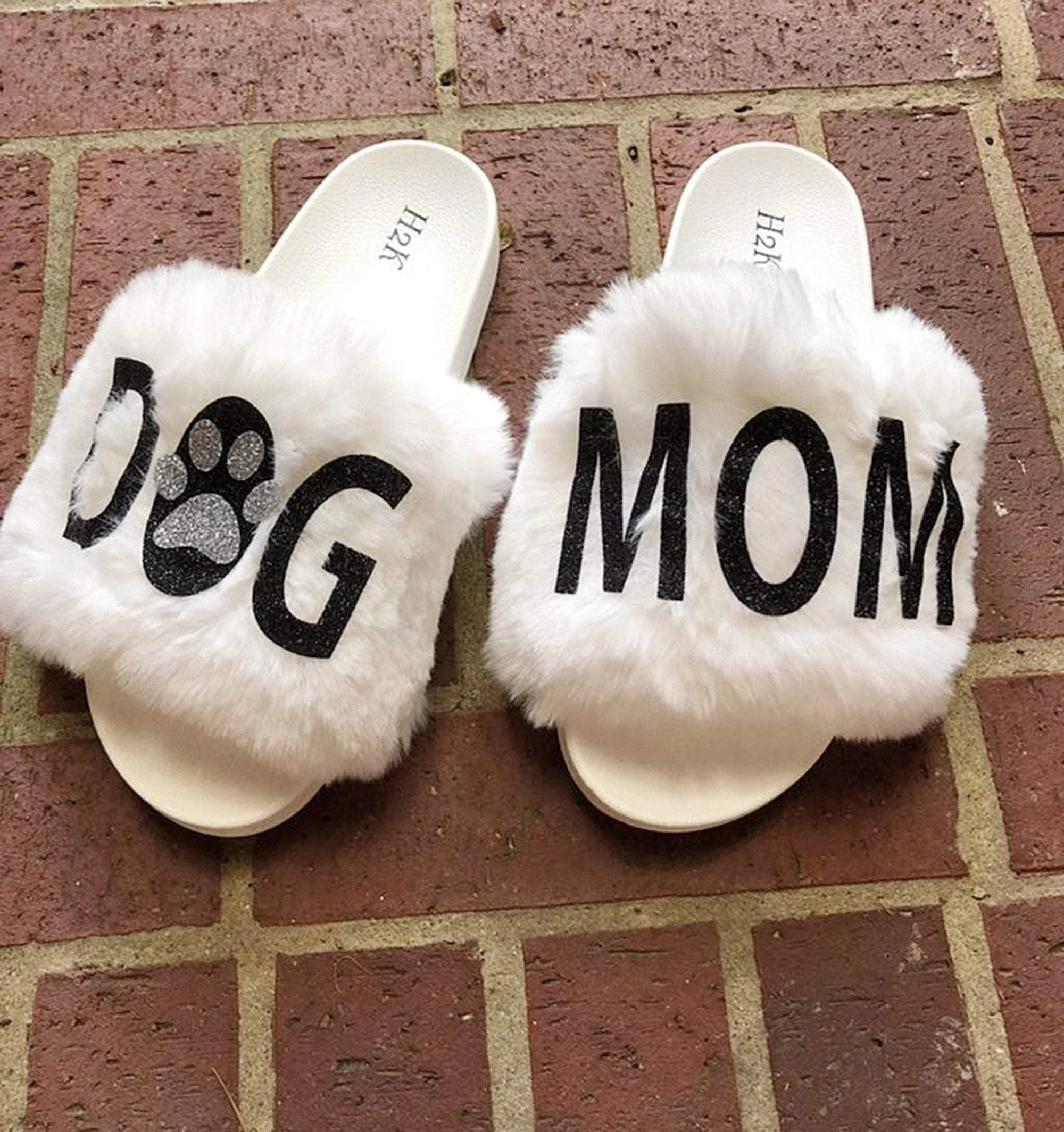 Dog mom slippers /Flexible slip on open toe style/DOG GMA fur furry slide