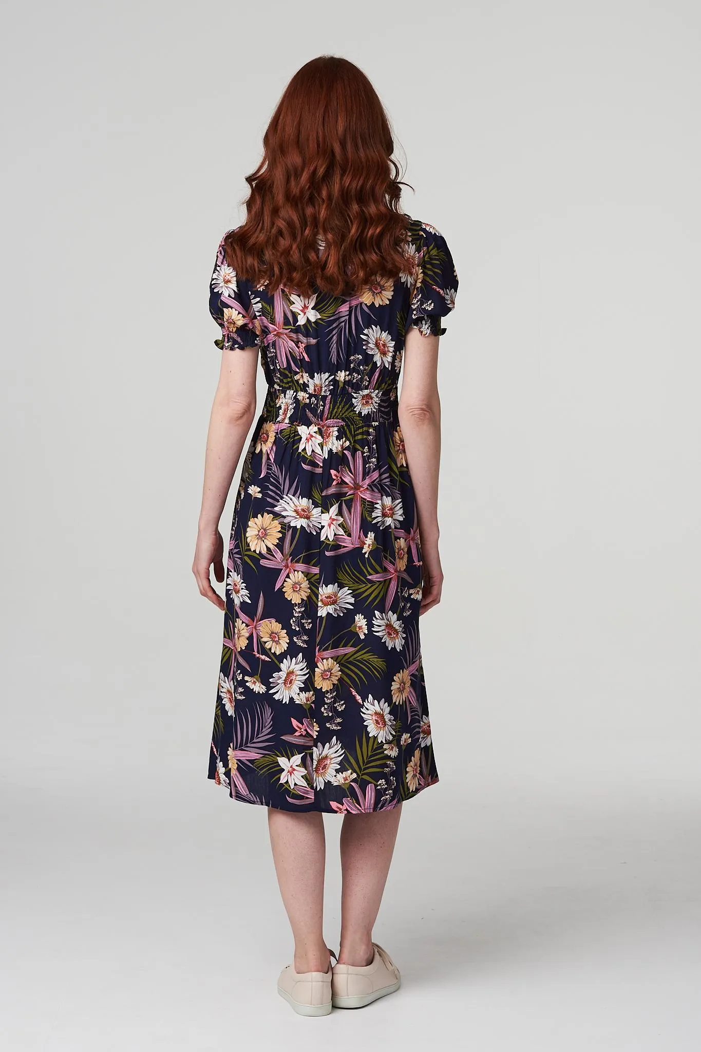 Floral Shirred Detail Midi Dress