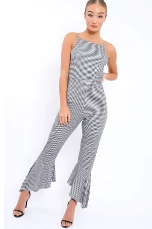 Gingham Cropped Frill Hem Jumpsuit - Sadey