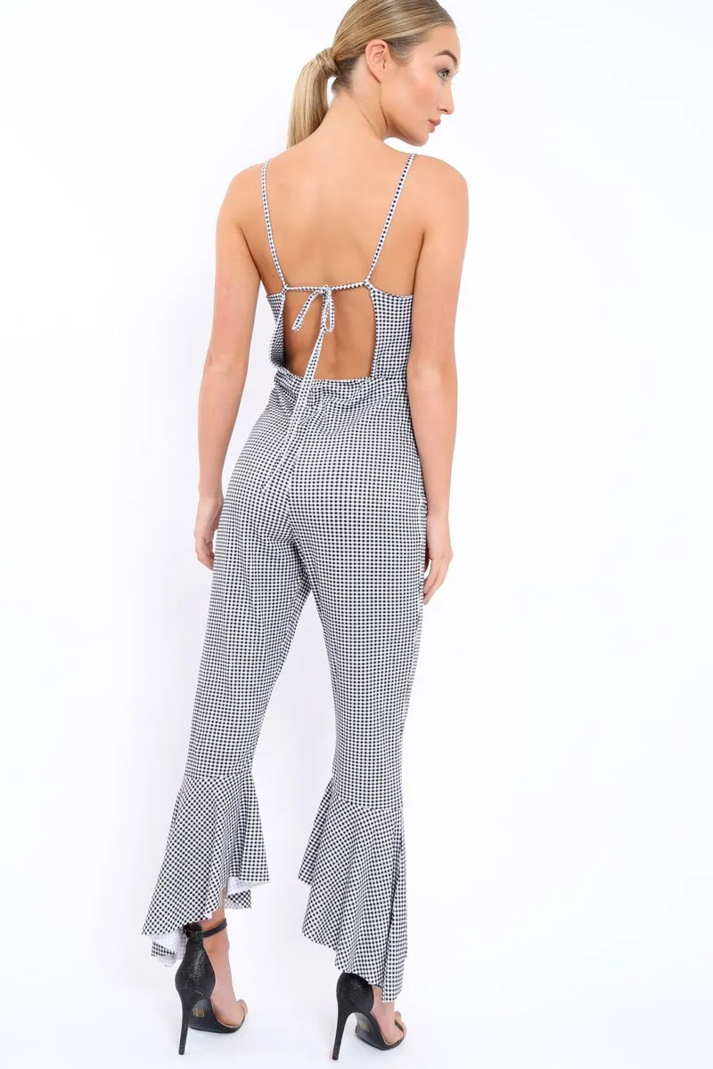 Gingham Cropped Frill Hem Jumpsuit - Sadey