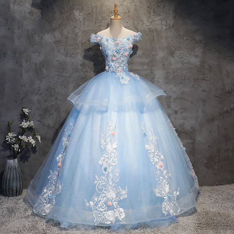 Glam Blue Ball Gown Tulle with Lace and Flowers Sweet 16 Dress, Blue Formal Dress