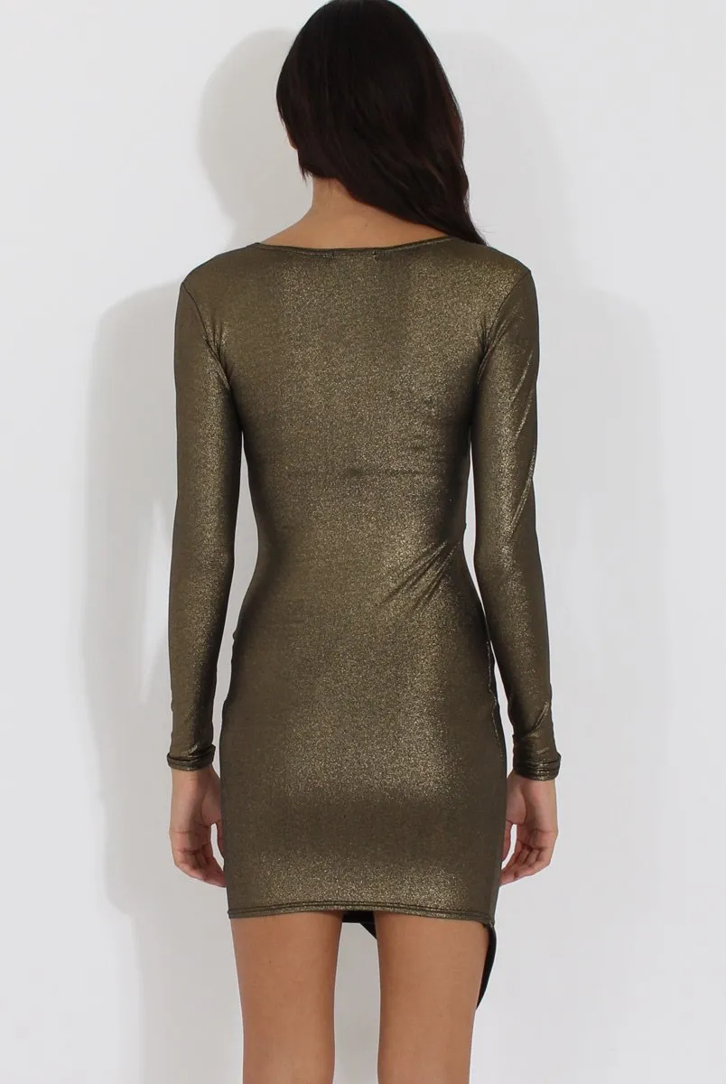 Gold Metallic Wrap Side Ruched Dress - Harlie