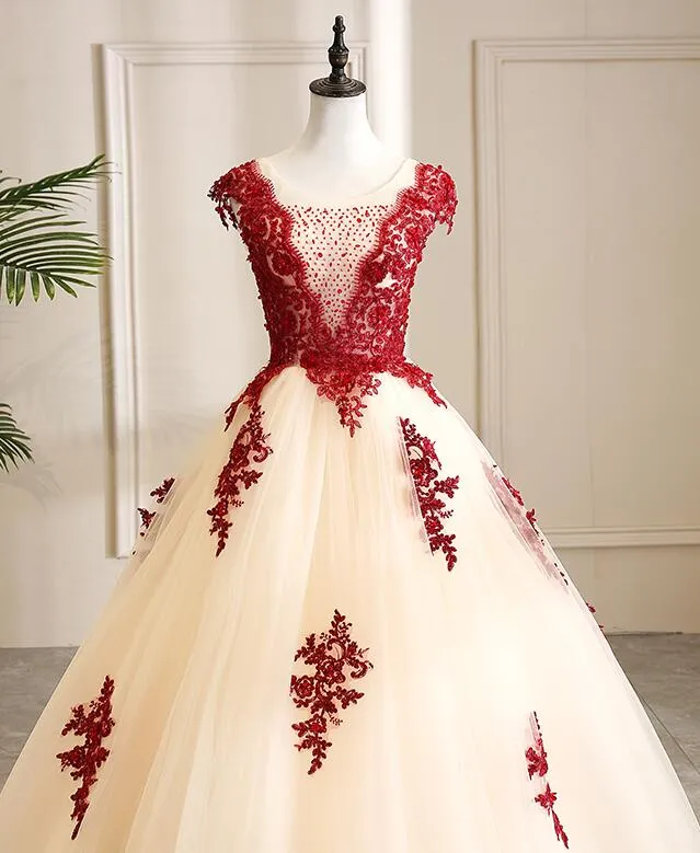 Gorgeous Champagne Tulle Long Sweet 16 Dress with Red Lace, Formal Gown