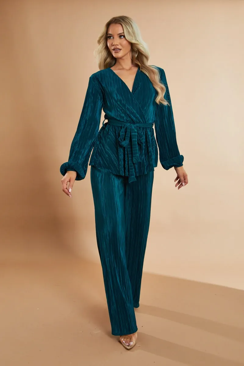 Green Plisse Warp Front Top & Wide Leg Trouser Set - Ocean