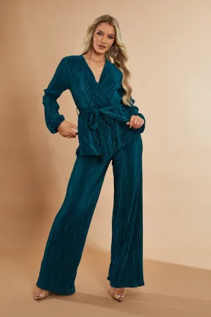 Green Plisse Warp Front Top & Wide Leg Trouser Set - Ocean