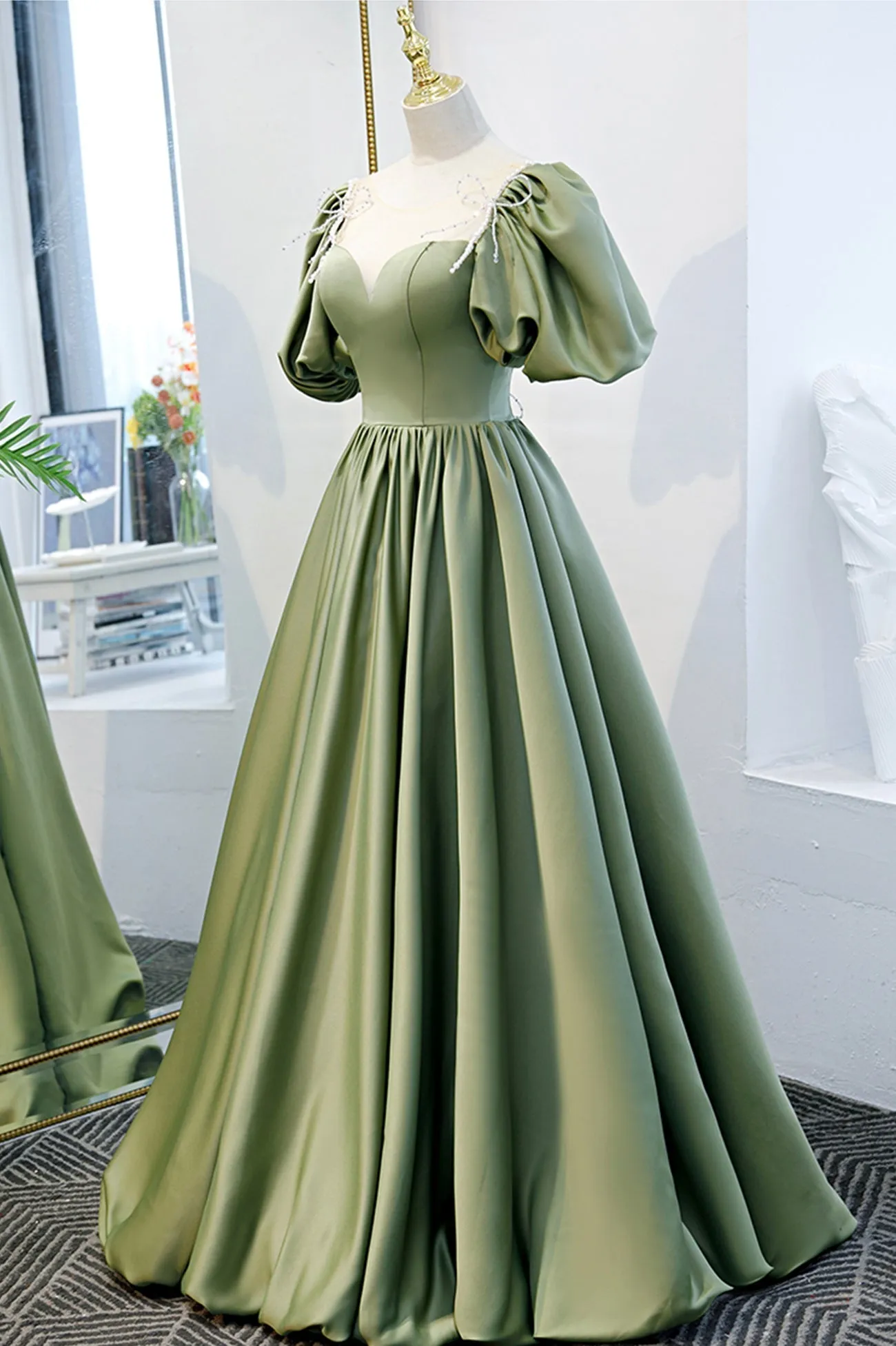 Green Satin A-Line Long Formal Dress Green Junior Prom Dress