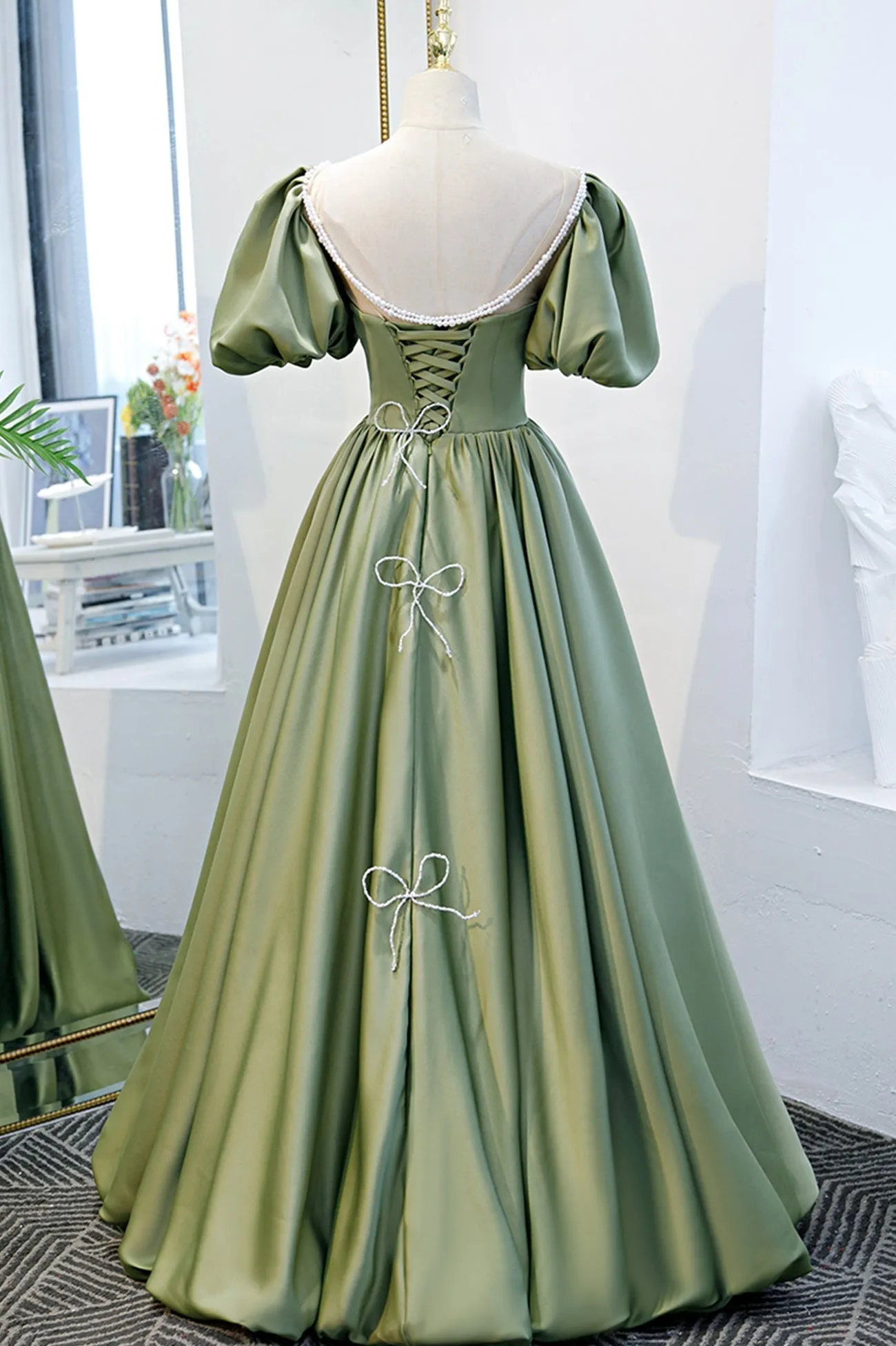 Green Satin A-Line Long Formal Dress Green Junior Prom Dress