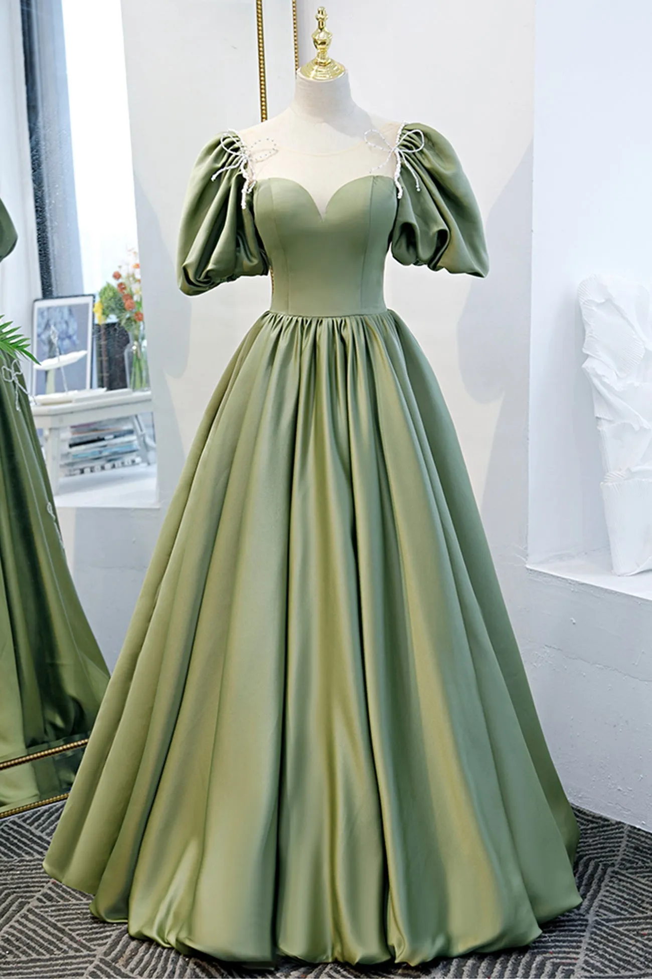 Green Satin A-Line Long Formal Dress Green Junior Prom Dress